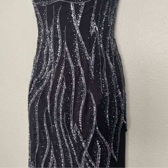 Alyce Designs vintage 80s sequin black asymmetrical sleeveless midi dress gown - Picture 5 of 14
